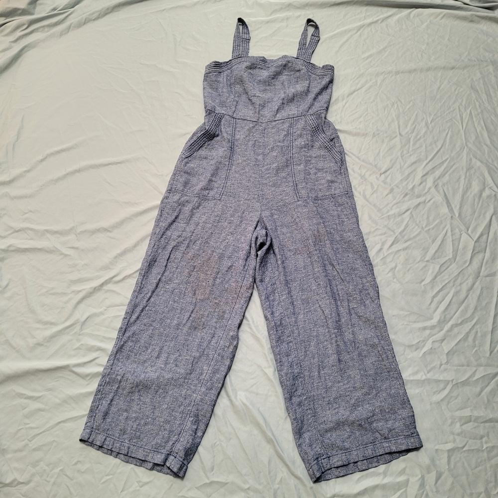 Old Navy Overalls Linen Rayon Blue Sleeveless Pockets Wide-Leg Jumpsuit Smocking - Picture 11 of 15